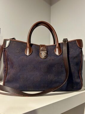 Dooney & Bourke Vintage Signature Canvas Tote Midnight Blue Leather Trim COA